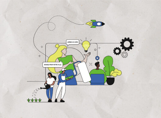 Illustration vectorielle sur fond papier montrant quatre personnages stylisés : une grande figure féminine tenant une ampoule et un texte « LIBÉREZ VOS IDÉES », deux personnages plus petits en train d’arroser des plantes et de peindre un mur sous une bulle « BOUGEZ POUR VOTRE VILLE », un autre personnage assis à un ordinateur portable, des engrenages et une fusée volante en haut à droite.