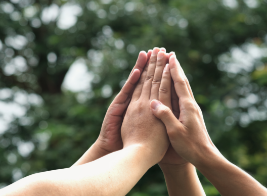 Quatre mains de différentes personnes se rejoignent en un high five sous un ciel dégagé, symbolisant la cohésion d'équipe et la réussite commune.