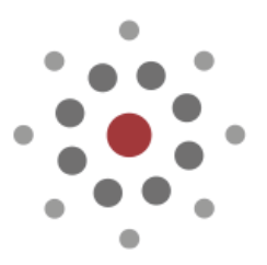 Motif circulaire représentant un réseau avec un point rouge central entouré de points gris.