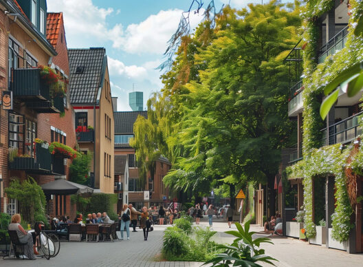Rue piétonne bordée de bâtiments en briques recouverts de végétation, de balcons fleuris et de terrasses de café où des passants se détendent sous un ciel partiellement nuageux.