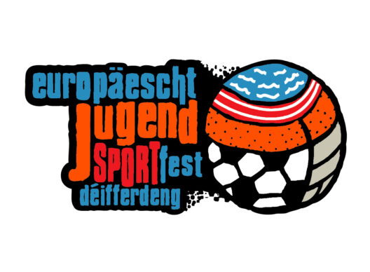 Logo coloré du test sportif jeunesse européenne à Differdange, montrant un ballon stylisé combinant des vagues bleues, des lignes rouges, un segment orange et un motif de football noir et blanc, accompagné du texte exact « europäescht jugend SPORTtest déiifferdeng ».